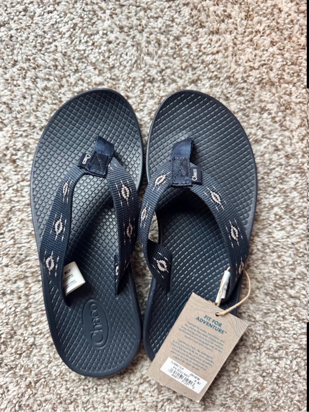 Chaco Black Flip Sandals with Tan Diamond Accent Straps